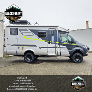 Mercedes-Benz Sprinter W907 4x4 mit 28560R18 BF Goodrich auf Delta 4x4 Hanma ET20 + Zusatzblattfeder und 40mm Höherlegung an der Hinterachse inkl. TÜV-Abnahme, Tachoanpassung bei Black Forest Offroad GmbH